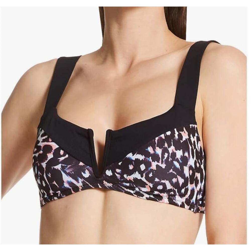 Sanctuary Stay Cool Leopard Print V-Wire Bralette Swim Top | Size S, Black Multi